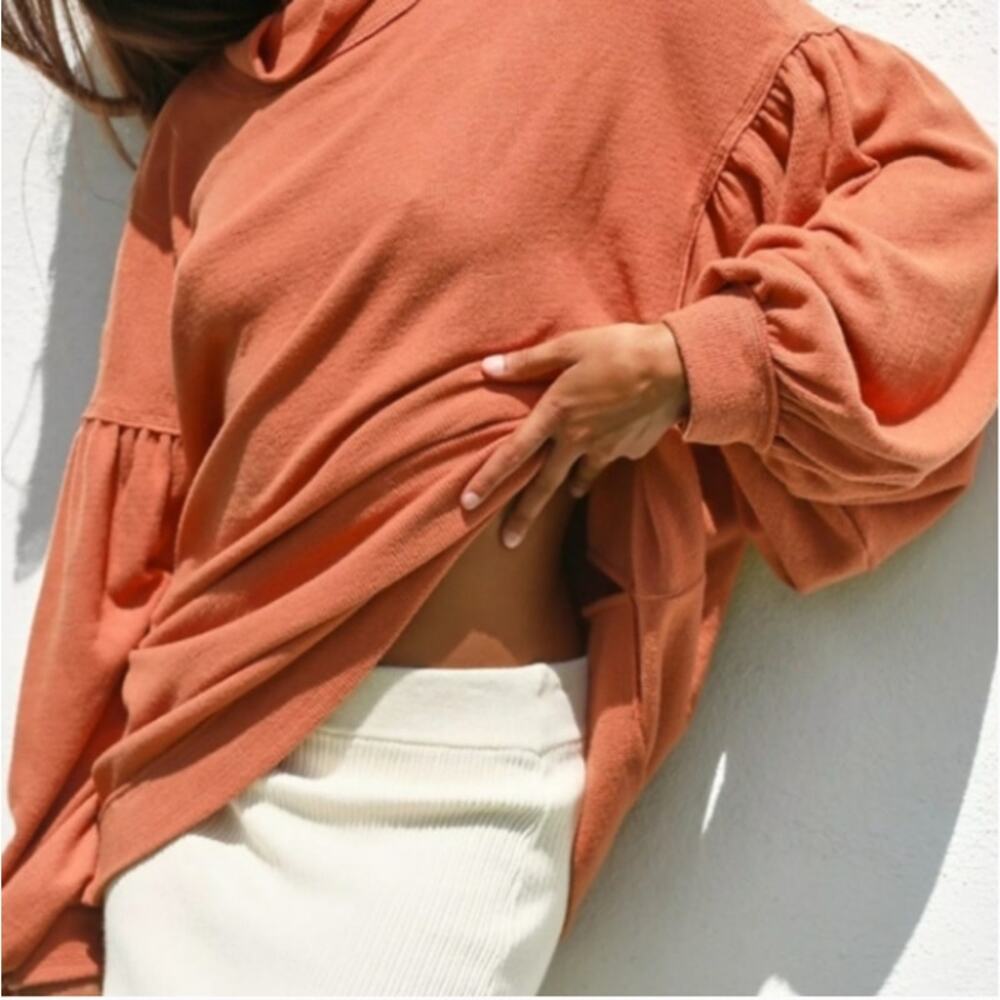 Free People Winnie Top Mock Neck Cutout Back Tan Oversized Balloon Sleeve‎ S
